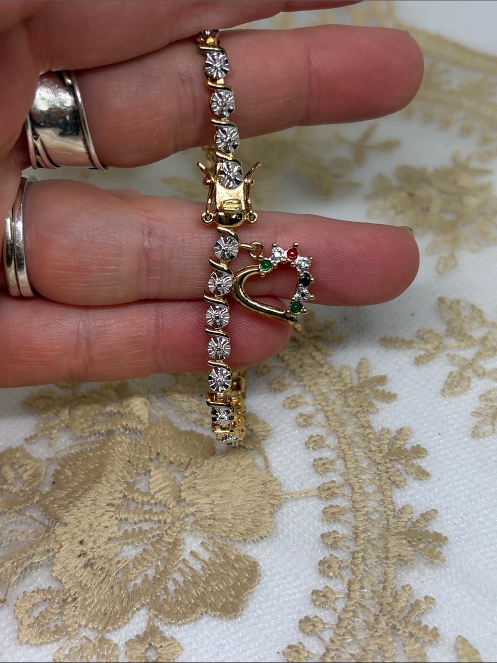 Vintage Estate Diamond Tennis Bracelet | Sapphire Heart Charm Gold-Finished 925